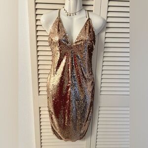 Rose Gold Sequin V-Neck Slip Dress